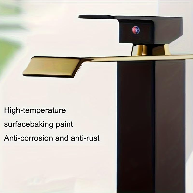Luxury Waterfall Bathroom Sink Faucet, Matte Black & Gold Finish Single Hole Deck Mount Tap, 304 Stainless Steel Modern Basin Mixer with Ceramic Valve, Water-Saving Waterfall Spout