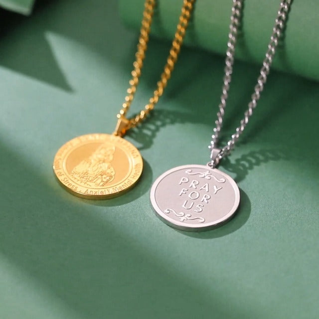 TEAMER Dainty Saint Dymphna Medal Necklace Patron Saint Pendant Stress Anxiety Mental Health Religious Jewelry with Protective Amulet Gold