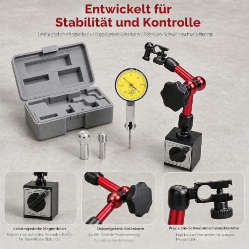 Lever Dial Gauge with Magnetic Holder 0-0.8 mm, Precision Dial Gauge 0.01 mm Accuracy | Robust lever test indicator in red, flexible magnetic stand for lathe & milling machine, shockproof testing device for workshop