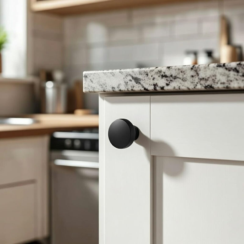 Cosmas 10 Pack 5234FB Flat Black Cabinet Knobs - Matte Black Round Cabinet Knob 1-1/4 Inch, Solid Zinc Metal, Kitchen Drawer Dresser Knob, Contemporary Hardware, Screws Included
