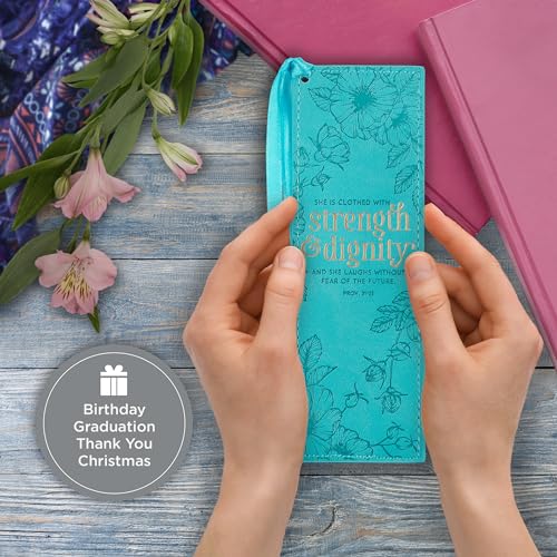 Christian Art Gifts Faux Leather Scripture Bookmark: Strength and Dignity Teal - Strength/Dignity