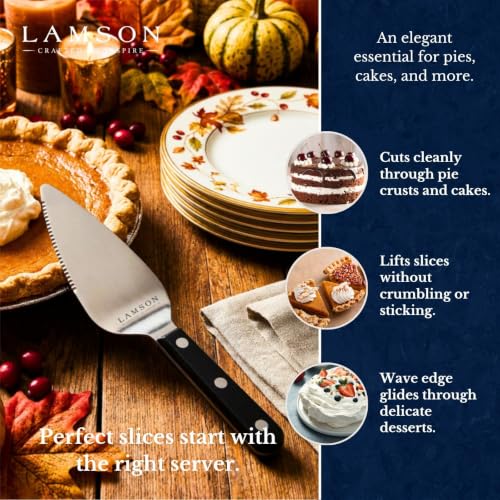 Lamson 4-inch pie and cake server with wave edge and durable handle, ideal for serving slices of pie, cake, and pastries.