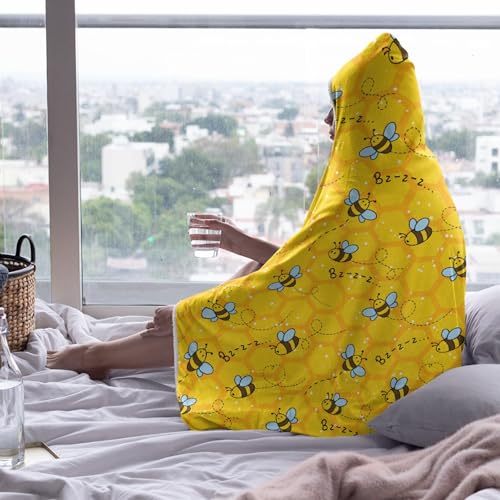 Honeycomb Cute Bee Yellow Hooded Blankets for Couch Sofa Throw Bees Wearable Blanket Super Soft Lightweight Warm Gift for Kids Women - 50"x60" for Teens Honeycomb Cute Bee Yellow