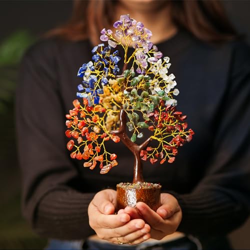 Seven Chakra Gemstone Tree with Chakra Pyramids, Crystal Tree, Fake Plants Home Decor, Crystals, Birthday gifts for women, Office Desk Accessories, Crystals and Healing Stones, Room Decor, Gift 10-12" Seven Chakra C12
