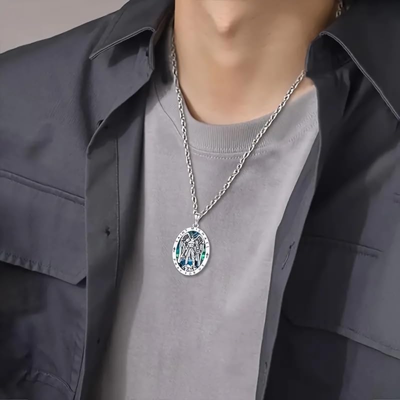 Saint Michael Necklace - St. Michael Archangel Pendant with Prayer Inscription, Stainless Steel Religious Jewelry for Men and Women, Protective Amulet with Abalone Shell Inlay