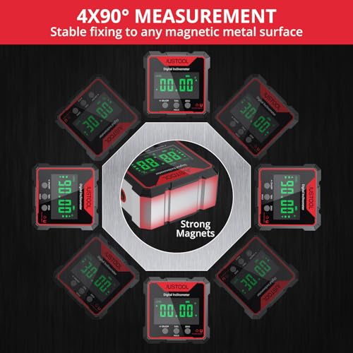 JUSTOOL Digital LCD Protractor Inclinometer Laser Angle Measuring Device Spirit Level IP54 Waterproof Level Box 4-Sided Magnetic Leveling Box Bevel Box with Type-C Charging Cable Red