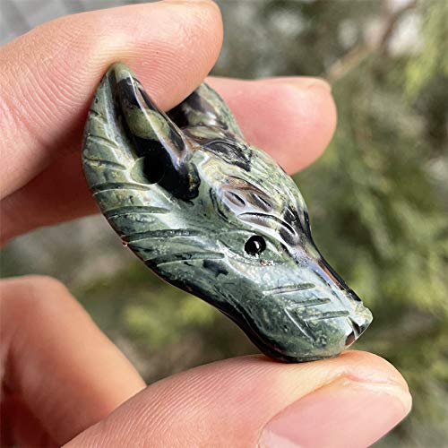 Handcarved Wolf Head Animal Statue Figurine, Pocket Healing Crystal Sculpture Ear Drilled 1.5", Kambaba Jasper Green Kambaba Jasper