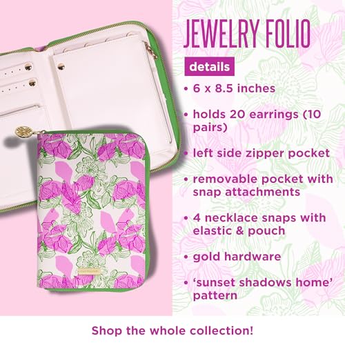 Lilly Pulitzer Travel Jewelry Case Organizer, Jewelry Roll for Women with Zipper, Cute Jewelry Organizer Holds Necklaces, Earrings, Bracelets (Sunset Shadows Home)