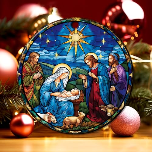 Nativity Ornaments for Christmas Tree - Christian Religious Gifts for Women Scene Decorations Xmas Keepsake Blue Yellow