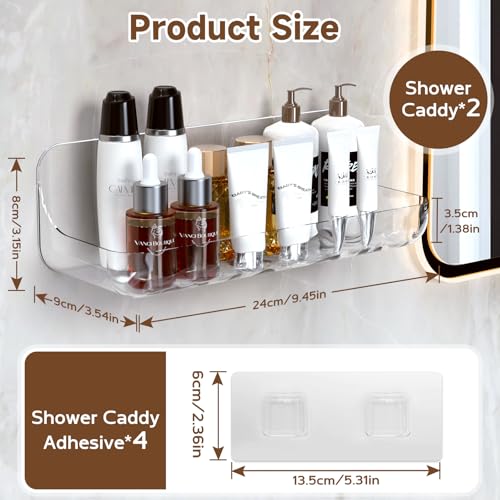 Acrylic Shower Shelves 2 Pack, Adhesive Clear Bathroom Shelf, Plastic Shower Caddy with Self Adhesive Tape, No Drilling, Wall Mounted Shower Organizer for Bathroom Storage & Kitchen Clear-2 Pack Medium