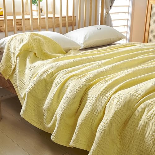 LGYKUMEG 100% Cotton Knitted Throw Blanket 60×79 inch,Lightweight Washed Cotton Blanket - Cotton Breathable All-Season Knit Throw Blankets for Bed and Couch. Yellow