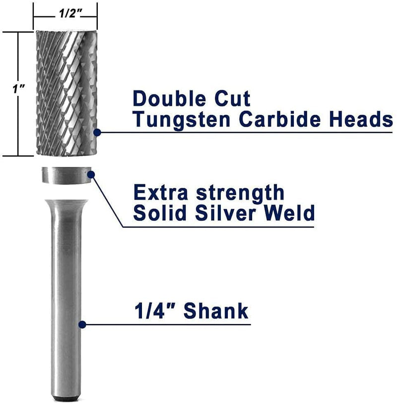 SA-5 5pcs Tungsten Carbide Burrs Cylinder Shape Double Cut Rotary Burr File(1/2” cutter Dia X 1”Cutter Length) with 1/4'' Shank dia,Pack of 5 SA-5-5PCS