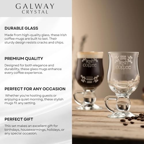 GALWAY Crystal Irish Coffee Glass Set, 5.7" H x 3.3" W Clear Glass Coffee Mugs for Lattes and Specialty Drinks, Set of 2