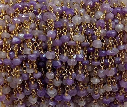 LKBEADS 5 Feet White Rainbow Moonstone Mystic Purple Coated Rosary Beaded Chain - Vermeil Chain Or 24K Gold Plated Chain - Beads Size 3-4mm