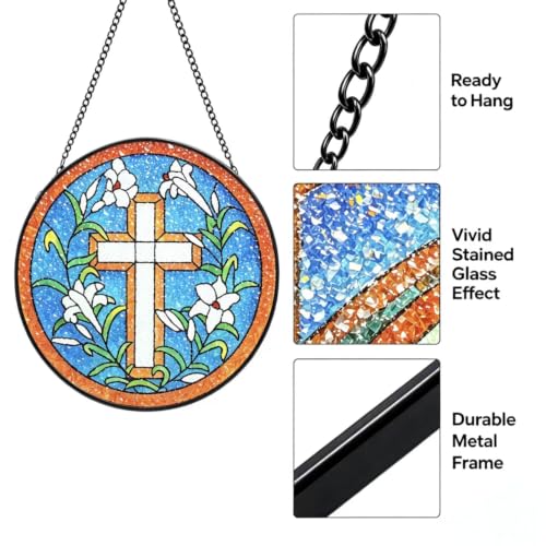 KOMI 7.8 Inch Cross Stained Glass Window Hanging Sun Catcher Garden Decor Christian Gifts for Women Mom Wife