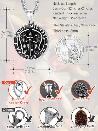 FaithHeart Saint Michael Necklace, Stainless Steel Archangel St Michael Shield/Coin/Dog Tag Pendant Necklaces for Men, Catholic Prayer Jewellery - With Gift Box Coin-Steel