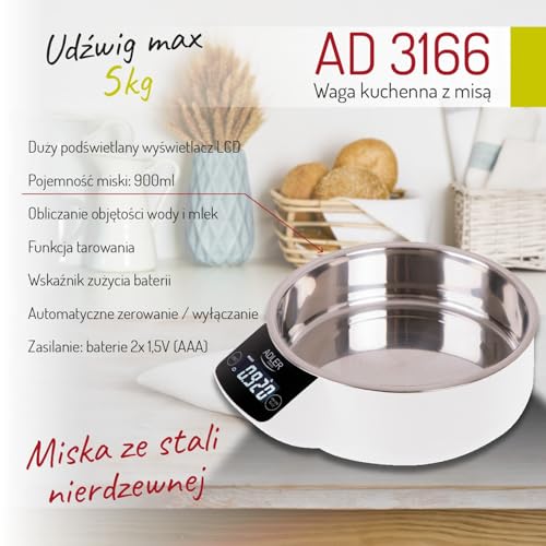 ADLER Kitchen Scales with Bowl - Maximum Capacity 5 kg, Measures the Volume of Water and Milk