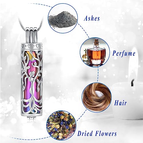 Urn Necklace for Ashes with Hollow Vial Cylinder Cremation Jewelry for Ashes Tree of Life Memorial Jewelry Gifts for Women Girls Ashes Necklace Lockets Ashes Holder for Men Pet Silver-rainbow
