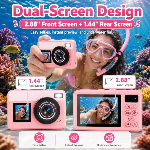 10FT Underwater Camera 4K 48MP Waterproof Digital Camera for Teens Pink