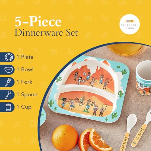 Western Cowboys Themed Kids Dinnerware - 5 Piece Set, Bamboo Fiber Plate, Bowl & Cup, Toddler Safe Utensils 5 Piece Western Dinnerware