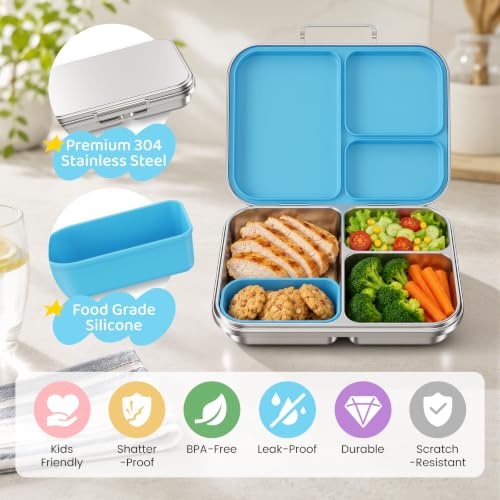 Pawtong Stainless Steel Bento Box for Kids and Adults, 3 Compartment Leakproof Lunch Box with Removable Silicone Seal and Silicone Contianer, Metal Lunch Container for School, Work and Travel (Blue) Blue