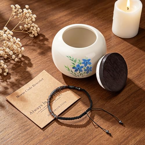 Dletay Small Urn for Human Ashes Keepsake 3.35Inches Flower Ceramic Mini Memorial Cremation Urn for Male Female Decorative Sharing Forget-me-not with Morse Code Bracelet Yellow 3.35''