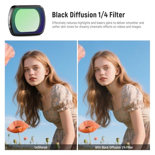 NEEWER Black Diffusion 1/4 Filter for Mist Cinematic Effect with 108° FOV Wide Angle Lens & Screen Protector Compatible with DJI Osmo Pocket 3 / Pocket 4 / Xtra Muse, FL-B33 1/4 Black diffusion&0.75X Wide Angle Lens