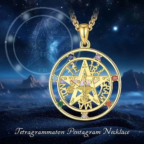 Witcher Pentagramm Kette Ring für Damen Herren Sterling Silber 925, Tetragrammaton Runen Halskette Amulett Vintage Anhänger Energie Schmuck Geschenk für Frauen Herren A-Chakra-Gold