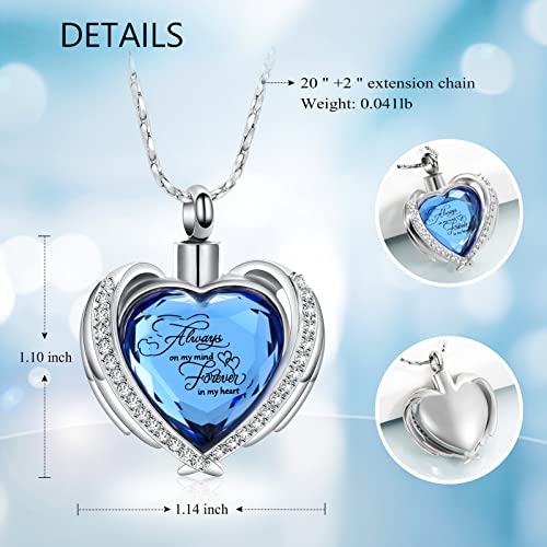 Cremation Jewelry for Ashes Pendant - Crystal Heart Urn Necklace with Mini Keepsake Urn Memorial Ash Jewelry Always-Silver-Blue