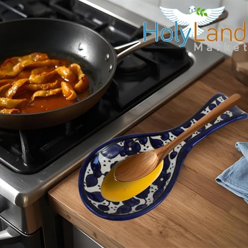 Armenian hand painted cooking Spoon Rest/Ladle Holder - Large with deep Round Cup part - Asfour Outlet Trademark Blue Flowers 8.5 Inches