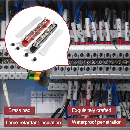 Pack of 4 Busbar Distribution Block, 12V-48V DC Power Distribution Block with Cover, 150A Busbar Block with 6 x M4 & 4 x M6 Terminal Bolts, Bolt Power Distribution for Car, Yacht, RV (Black Red)