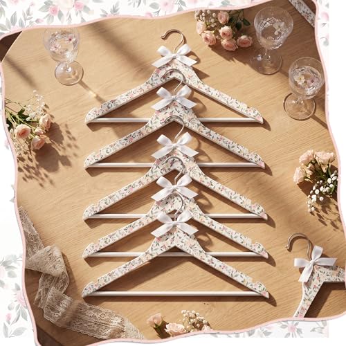 Junkin 6 Pcs Bridesmaid Hangers for Wedding Dress White Floral Bride Wooden Hanger for Bride Cute Bow Hangers for Bridal Shower Party Gift Tuxedo Photo