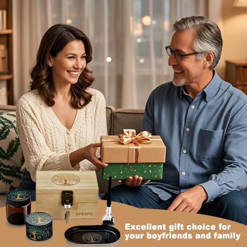 Grinder Set, Includes 2.5 inch Herb Grinder, Rolling Tray, Storage Jar&Rolling Stick, Lockable Bamboo Box Gift Set for Men Women Tree Set