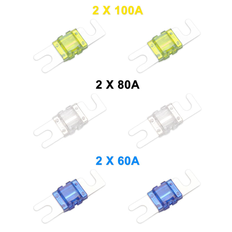 [Australia - AusPower] - Recoil MFH12 2 Way Mini-ANL Fused Distribution Block, 1 X 0/2/4 Gauge in / 2 X 4/8 Gauge Out Fused Distribution Block with 60A, 80A, 100A Fuses, Solid Brass for Maximum Power Transfer 2-Way Fuse Block, 1 Input & 2 Outputs 