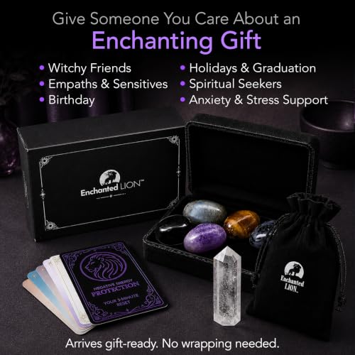 Enchanted LION® Ultra-Premium Ethically Sourced Protection Crystal Set, for Shielding and Peace, Black Tourmaline, Labradorite, Amethyst, Tiger's Eye, Quartz Wand & 3-Minute Ritual Cards + Gift Box