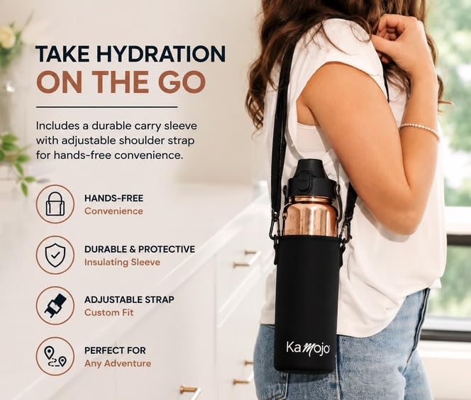 Kamojo Pure Copper Water Bottle for Drinking – Etched Handcrafted Design, Flip-Top Push Button Lid, Copper Straw & Insulating Sleeve – Ayurvedic Cup