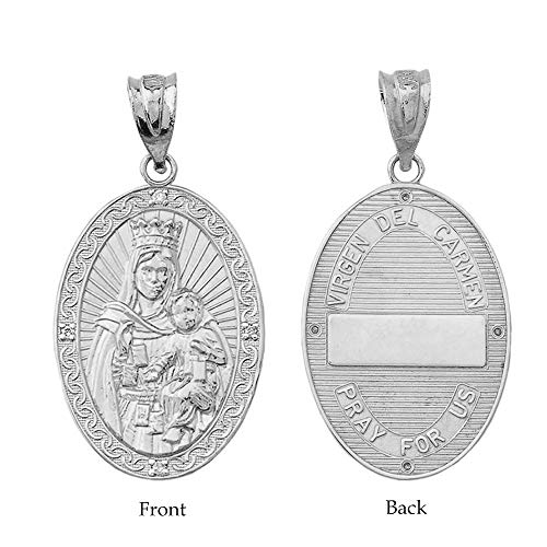 Saint Collection Sterling Silver Our Lady of Mount Carmel (Virgen Del Carmen) CZ-Accented Oval Pendant Necklace 16 Inches