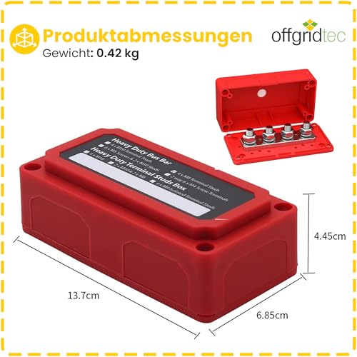 Offgridtec BusBar Box 4 x M8 Connection Bolts, Nickel-Plated Brass Connectors, Fiberglass Reinforced Nylon Housing with Removable Cover & Insulation Wall, Modular Power Distribution (200A, Red) Busbar Box 4 x M8 with Cover Red