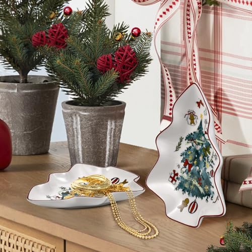 2 Pcs 6 Inch Tree Plates, Small Serving Tray Ceramic Spoon Rest for Stove Top, Cute Tree Shaped Holder Dish for Kitchen Countertop Table for Snack Cookies Candy & Jewelry Dish, Green Tree Tree-Green Xmas Tree
