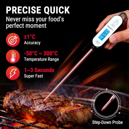 TempPro IPX7 Meat Thermometer Waterproof Barbecue Thermometer | Branten Thermometer Fast Instant Read with Backlight & Hold, for Steak, Grilling & Kitchen (Ex-ThermoPro)