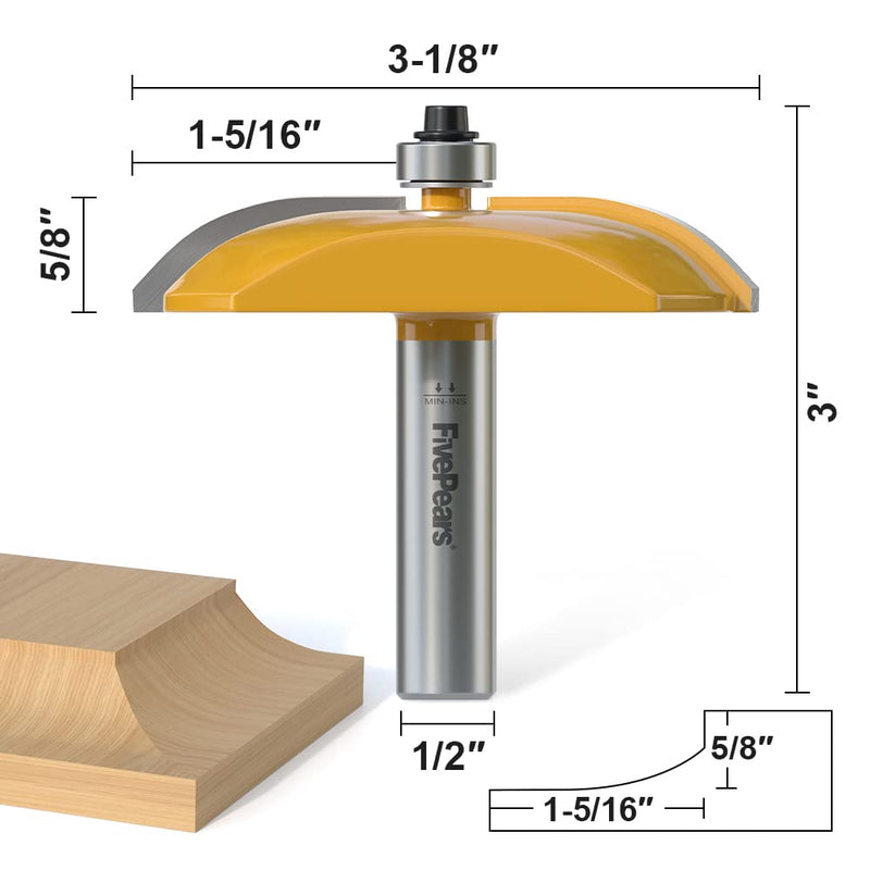 FivePears Cove Raised Panel Router Bit 1/2 inch Shank for Making Cabinet Door, 3-1/8-Inch Diameter, Used in Combination with Rail and Stile Router bit Cove - 3-1/8" Diameter - 1/2" Shank