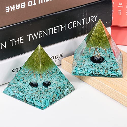 Nupuyai Tree of Life Orgone Crystal Pyramid for Meditation Spiritual Healing, Energy Generator Stone Pyramid with Crystal Sphere for Home Office Decor, Olivine and Blue Howlite Turquoise