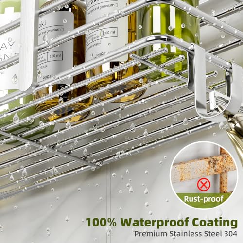 Yougai Shower Caddy, Shower Organizer with Soap Holder and Hooks, Rustproof Shower Shelves, No Drilling Bathroom Organizers and Storage, Wall-Mounted Kitchen & Home Decor (Silver) Silver