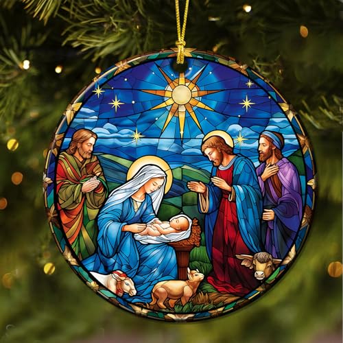 Nativity Ornaments for Christmas Tree - Christian Religious Gifts for Women Scene Decorations Xmas Keepsake Blue Yellow