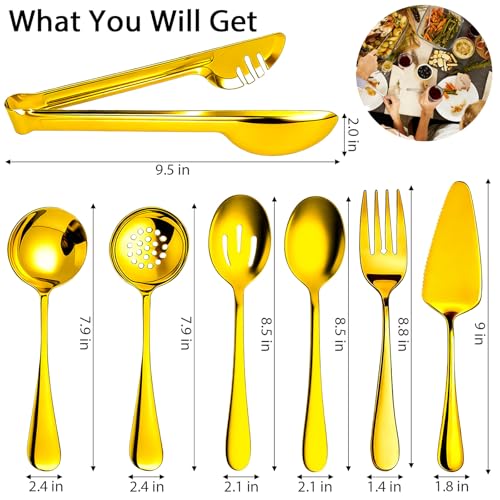 11 PCS Serving Utensils Stainless Steel Large Serving Utensils Set Spoons, Slotted Spoons, Forks, Tongs, Soup Ladle and Cake Server for Buffet Party Catering Gold