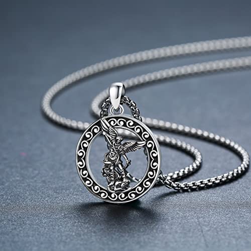 JUSTKIDSTOY Saint Michael Necklace for Men Women Sterling Silver Archangel St Michael Pendant Necklace Protector Catholic Jewelry Gifts for Husband Son Birthday 20+2"