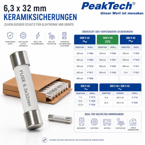 PeakTech 7606 – Fuse 800 mA / 1000 V 6.3 x 32 mm Ceramic Pack of 10 | Fuse 800 mA / 1000 V 6.3 x 32 mm for measuring devices, multimeters and other electronics 800mA / 1000V AC