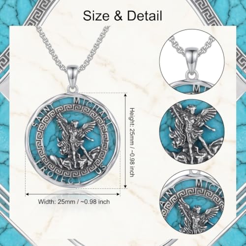 ONEFINITY St Michael Pendant for Men S925 Sterling Silver Saint Michael Turquoise Pendant Necklace Archangel Medal Catholic Religious Turquoise Jewelry Gifts for Men Women