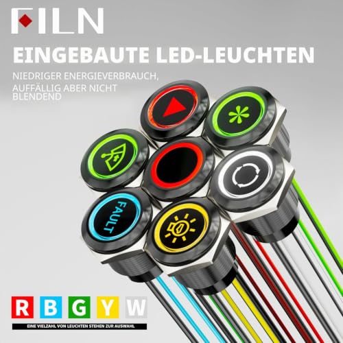 2 x 22 mm LED Switch Metal Push Button, Pre-Wired 20 A 12-24 V DC IP67 Light Button with 185 Interchangeable Symbols 1NO1NC for Car, Boat, Satellite Circuit (Red LED) | Metall Vorverdrahtet Ip67 druckschalter Mit 185 Austauschbaren Symbolen 1no1nc Für ...