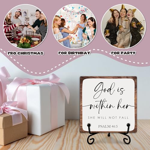 God Is Within Her She Will Not Fall Wooden Sign Decor, Psalm 46:5 Scripture Plaque, Rustic Wooden Plaque Sign With Iron Stand, Christian Home Office Restroom Desk Shelf Decorations